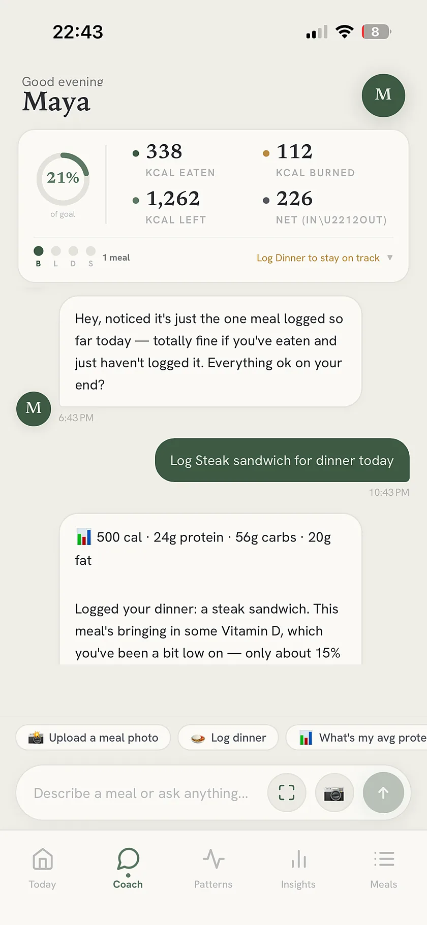 mymir Coach chat logging a steak sandwich by text