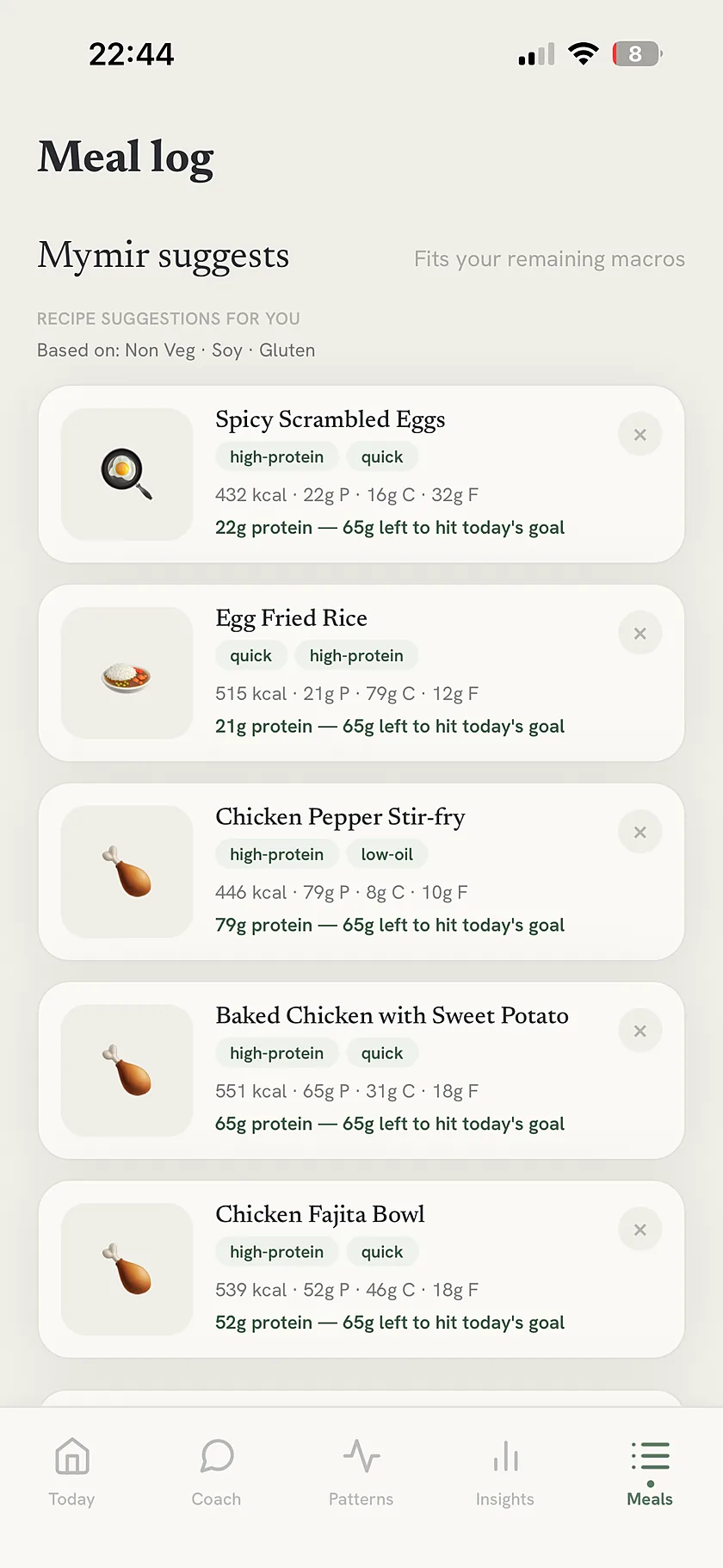 mymir meal suggestions filtered to remaining macros