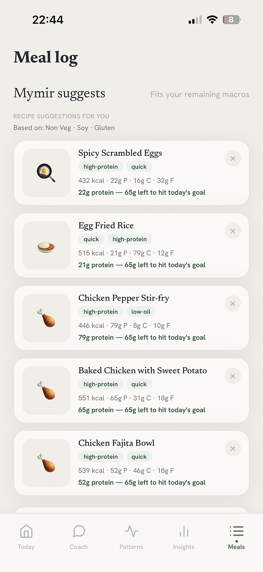 mymir meal suggestions filtered to remaining macros